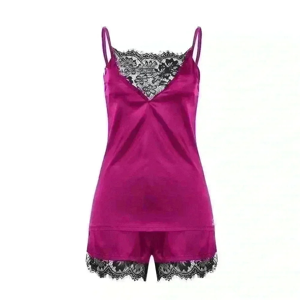 Pink Silky Tank & Shorts Black Lace Lingerie Lounge pajamas